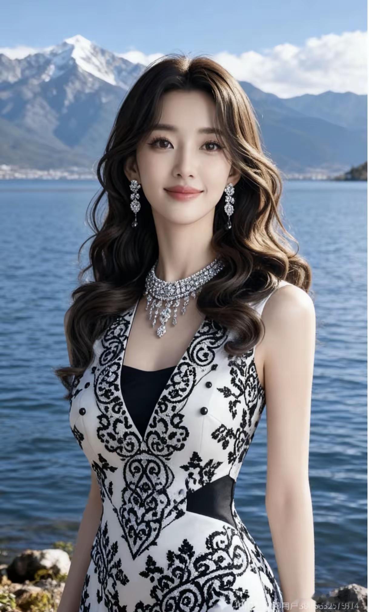 雪山湖畔的优雅女神，黑白礼服与珠宝的完美搭配，尽显高贵与时尚。