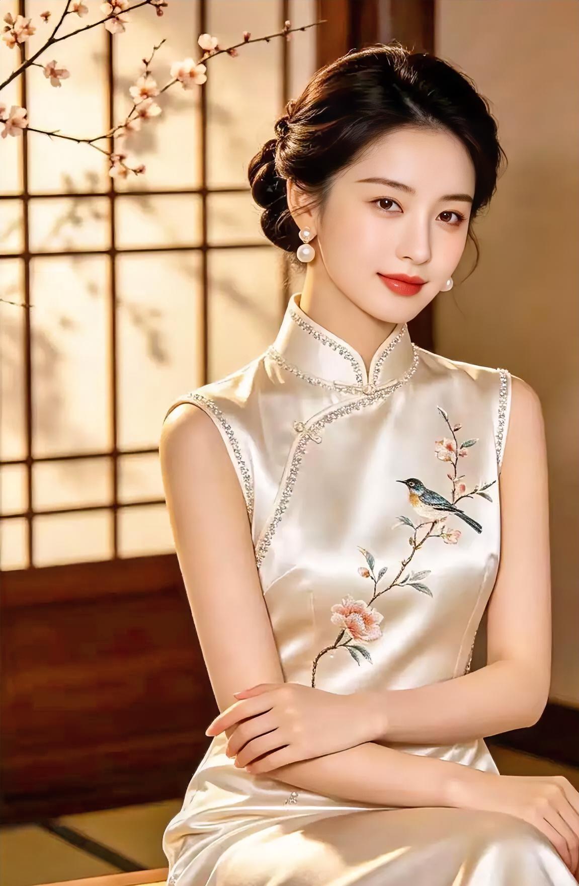 窗格透暖阳，

旗袍映雪光。

丝缎绣花鸟，

温婉自生香。

盘发配珠光，

