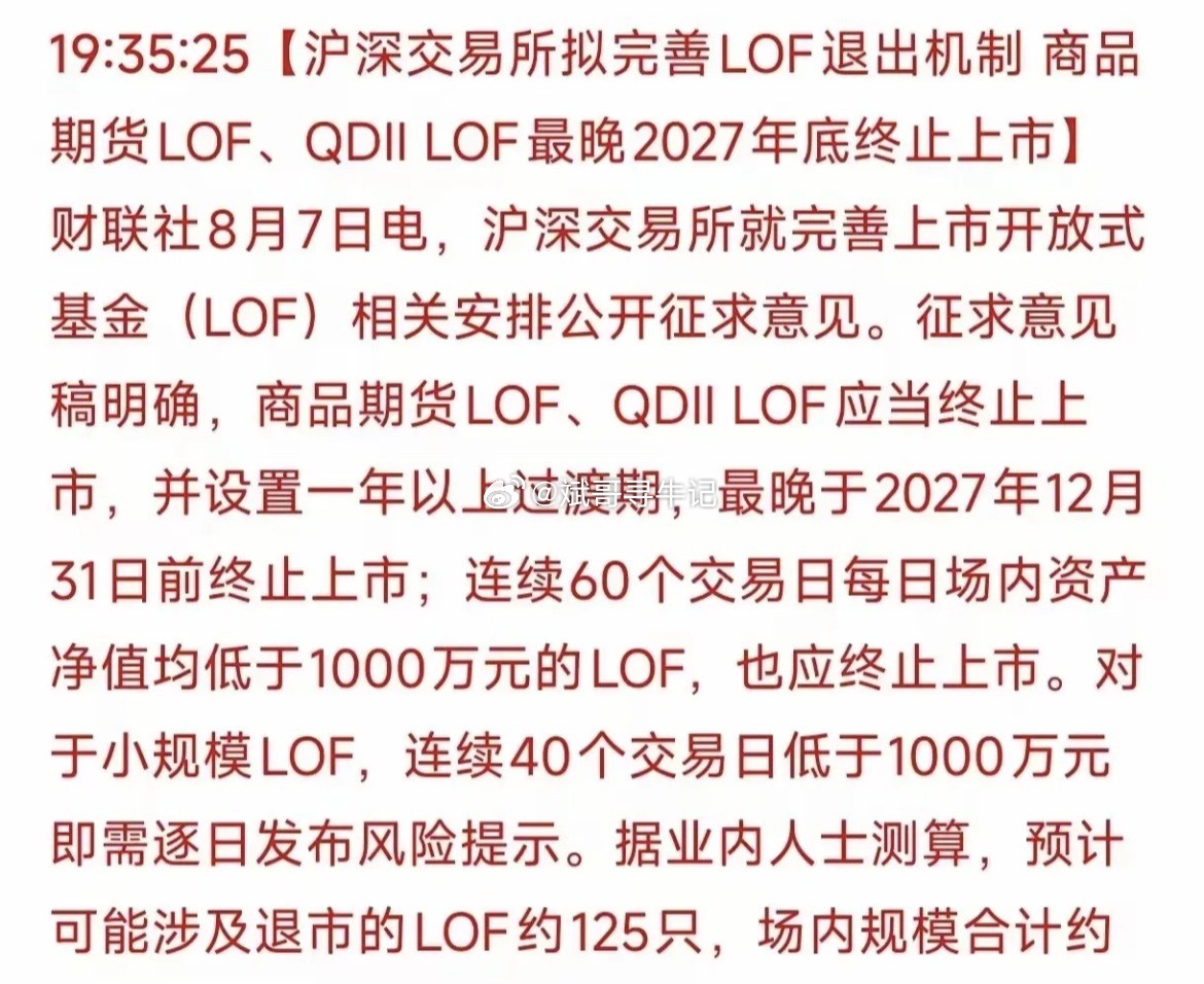 白银LOF即将退市。根据交易所新规，沪深交易所计划完善LOF退出机制，商品期货L