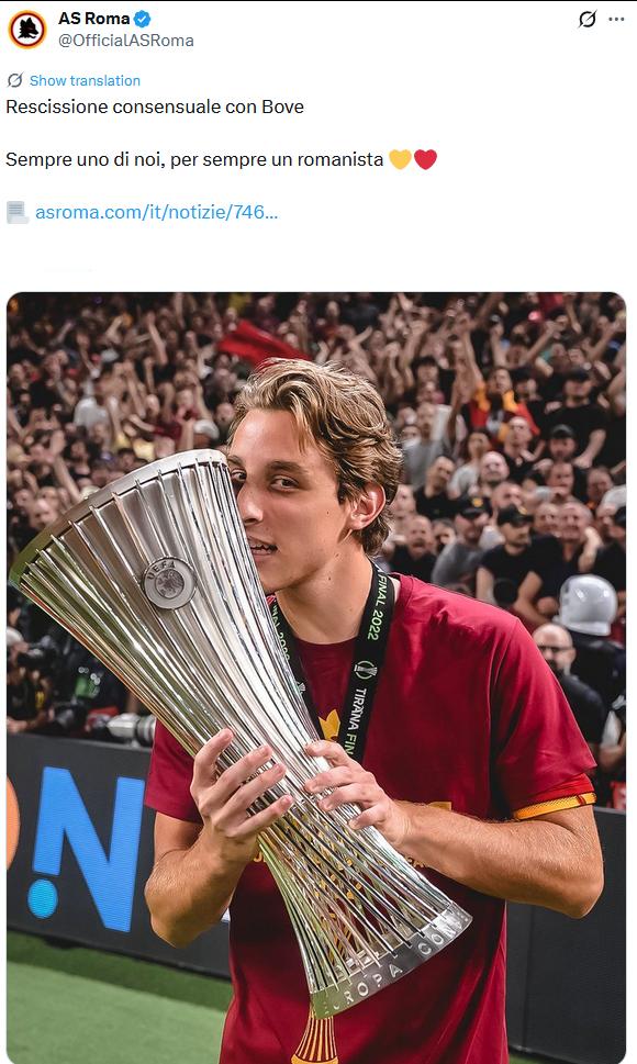 罗马官方宣布与博维解除合同，并且在公告中写道：他永远是我们中的一员，永远都是罗马