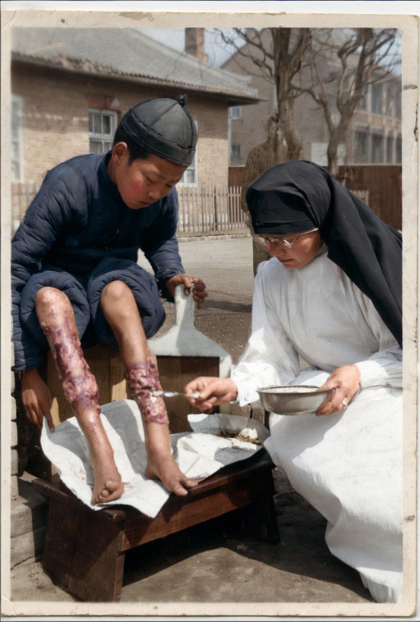 1938年，教会医院的户外，一位修女正俯身专注地为一名麻风病男孩处理腿部溃烂的伤