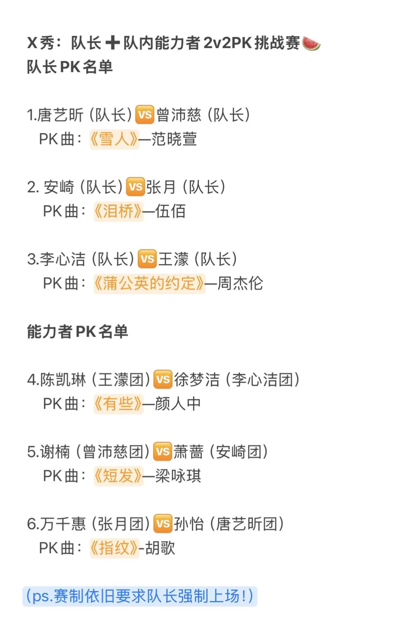 乘风2026  浪姐四公x秀X秀：队长十队内能力者2v2PK挑战赛队长PK名单乘