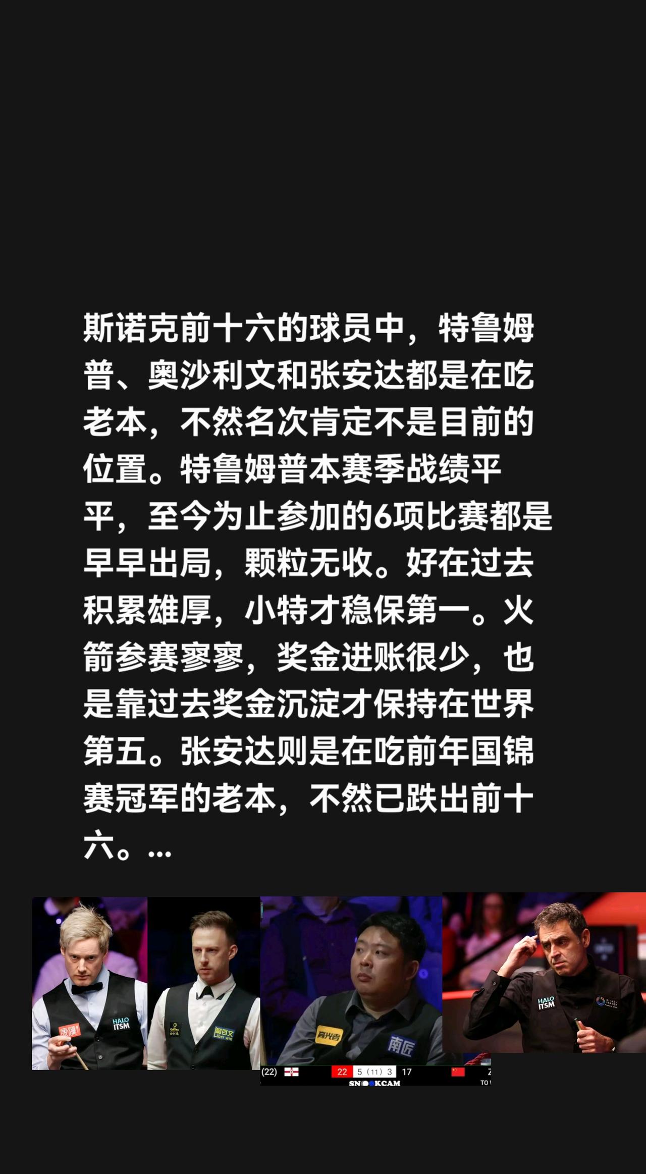 我评论了@老高说体育 的作品:
斯诺克前十六的球员中，特鲁姆普、奥沙利文和张安达
