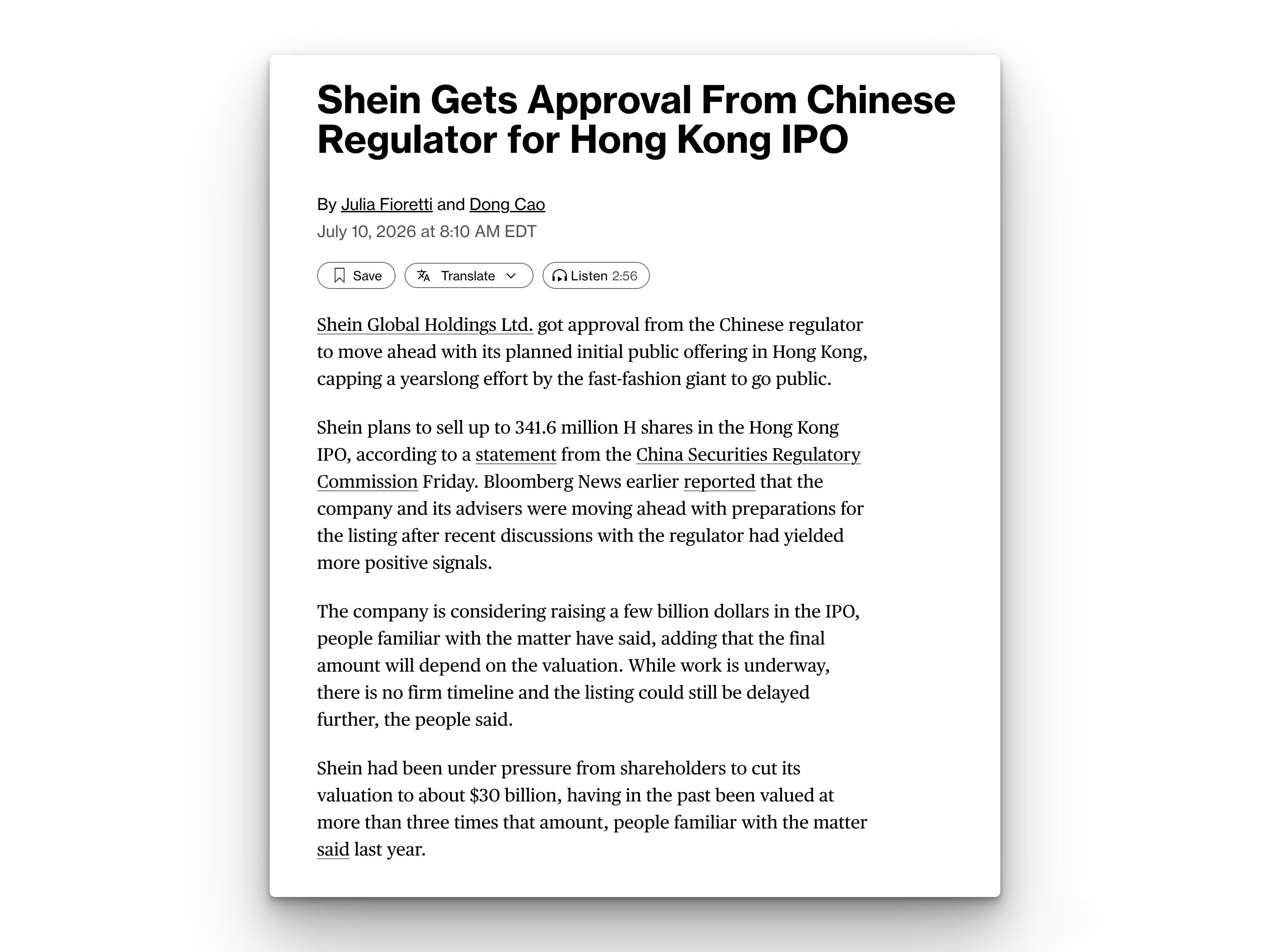 Shein 获中国监管放行，香港IPO迈出关键一步。证监会已批准快时尚电商She