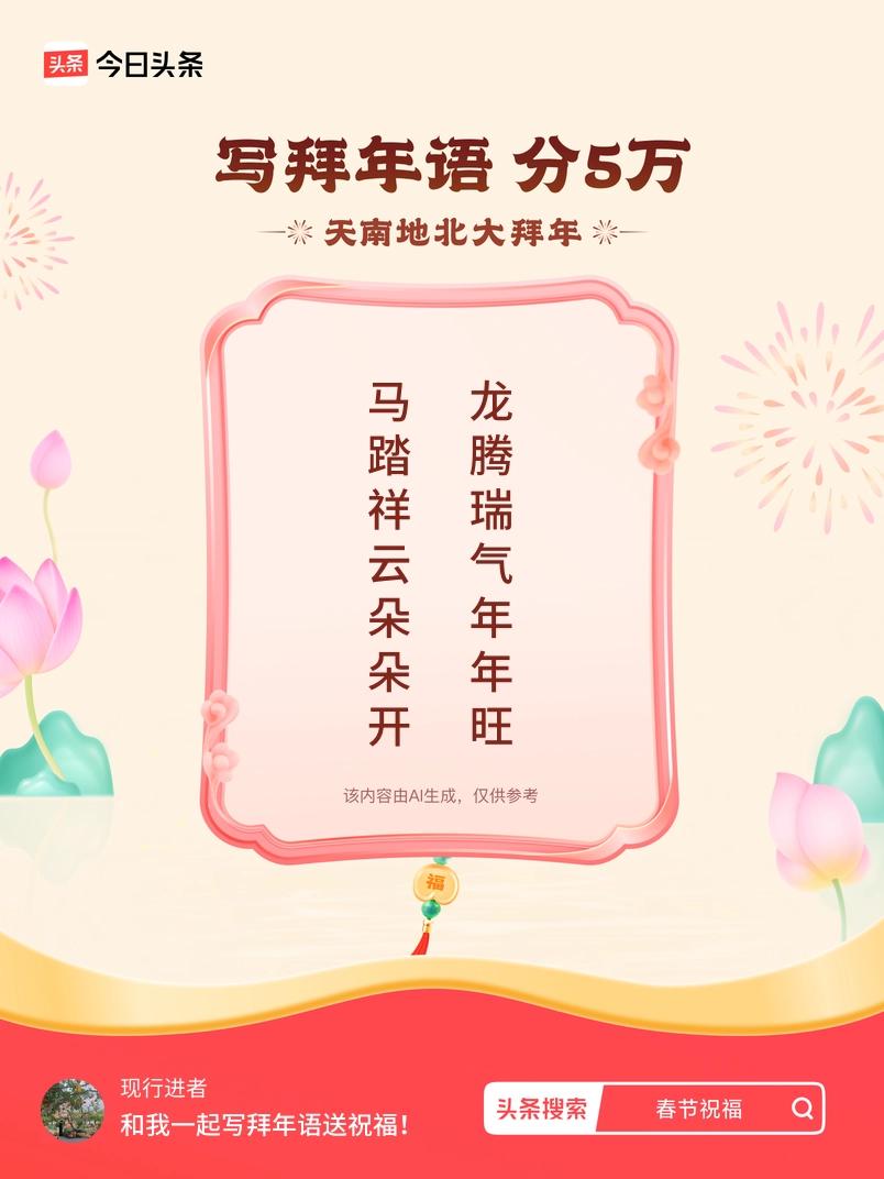 写拜年语送祝福新春拜年送祝福！我的祝福是：“马踏祥云朵朵开，龙腾瑞气年年旺”！快