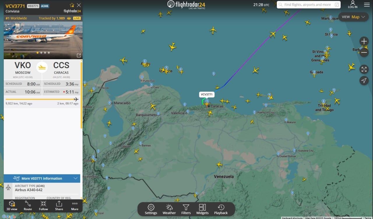 一架康维萨航空的空客A340-642型飞机从俄罗斯飞抵委内瑞拉首都加拉加斯。