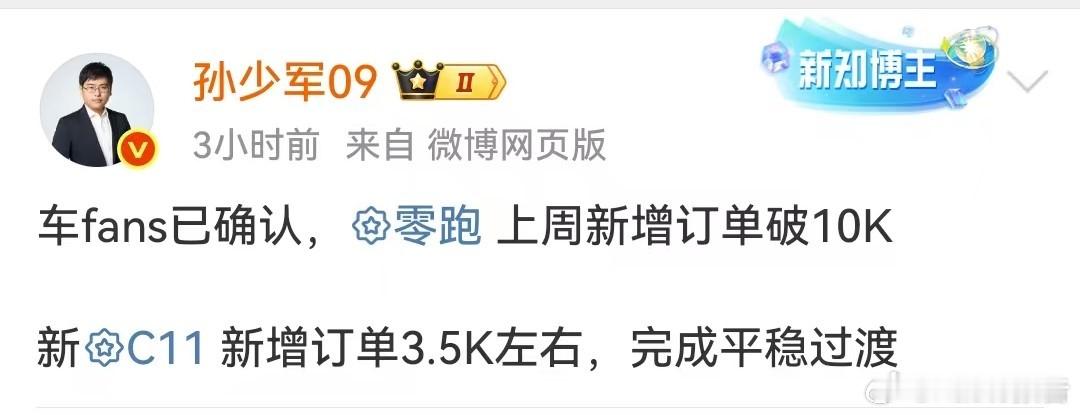 零跑上周新增订单破10000台7月14日，知名博主发布，车fans已确认，零跑上