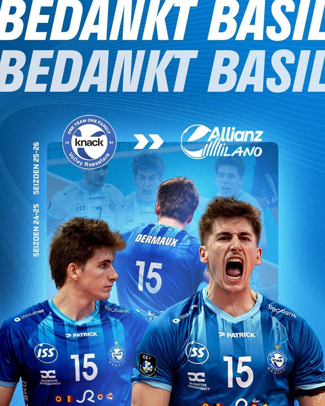 被官宣。鲁瑟拉勒官方对外通告：来自比利时的23岁接应德尔莫本赛季结束后将离队，他