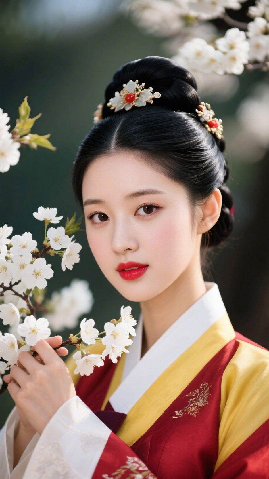 春樱映古妆
 
风裹着清甜漫过枝桠，她指尖轻拢的樱朵，便沾了半袖春。
 
鬓边玉