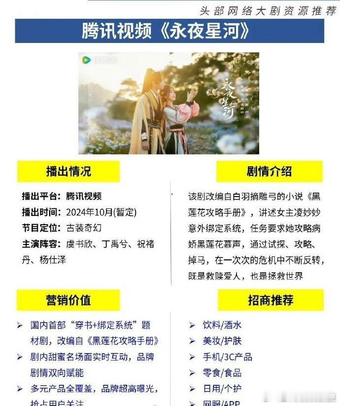 #虞书欣丁禹兮永夜星河开始招商#虞书欣新剧《永夜星河》开始招商！！10月备播，终
