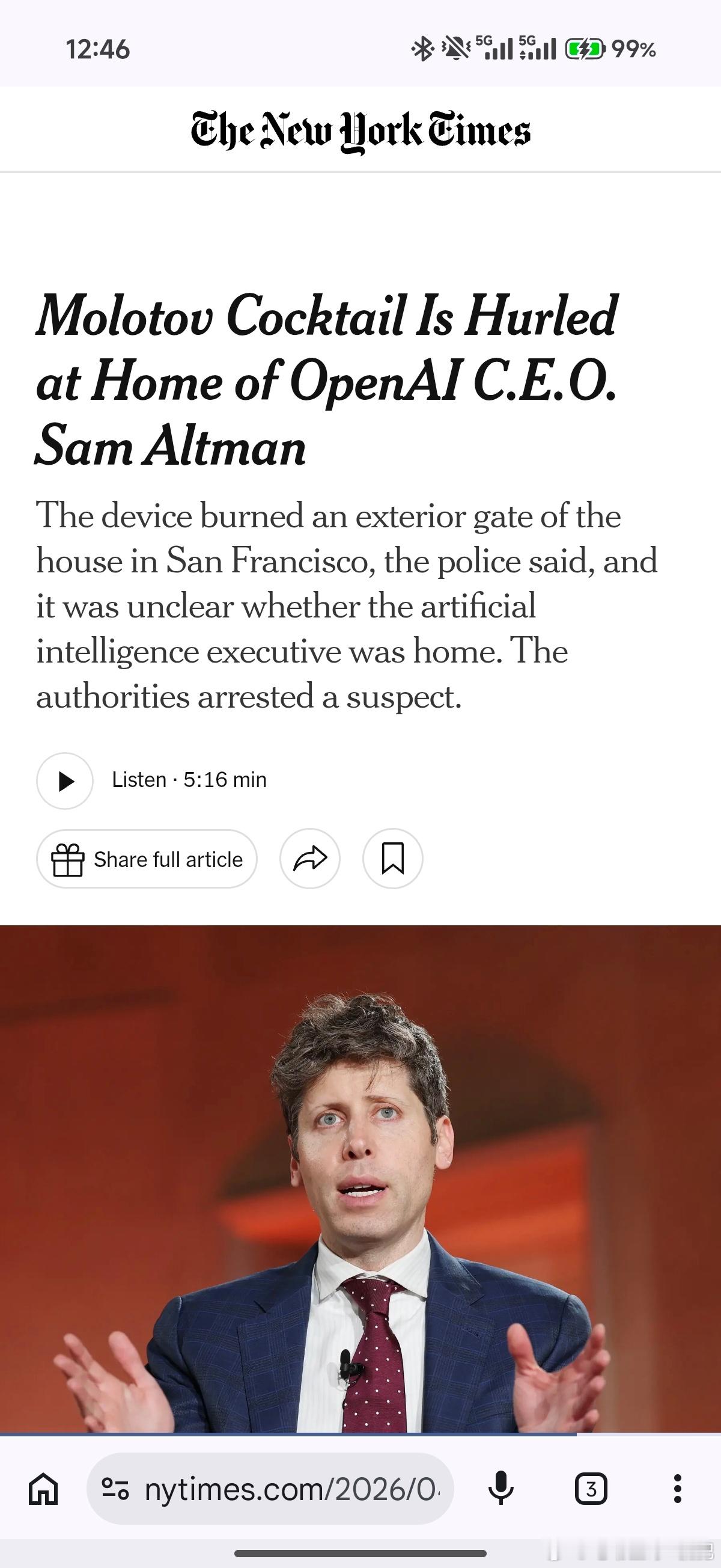 太魔幻了，Sam Altman家里被扔了个燃烧弹openai