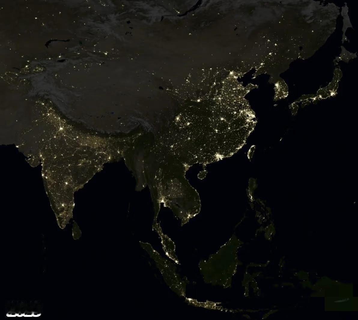中国范围夜间灯光数据可视化  ，时间范围是2023年，空间分辨率约为500米灯光