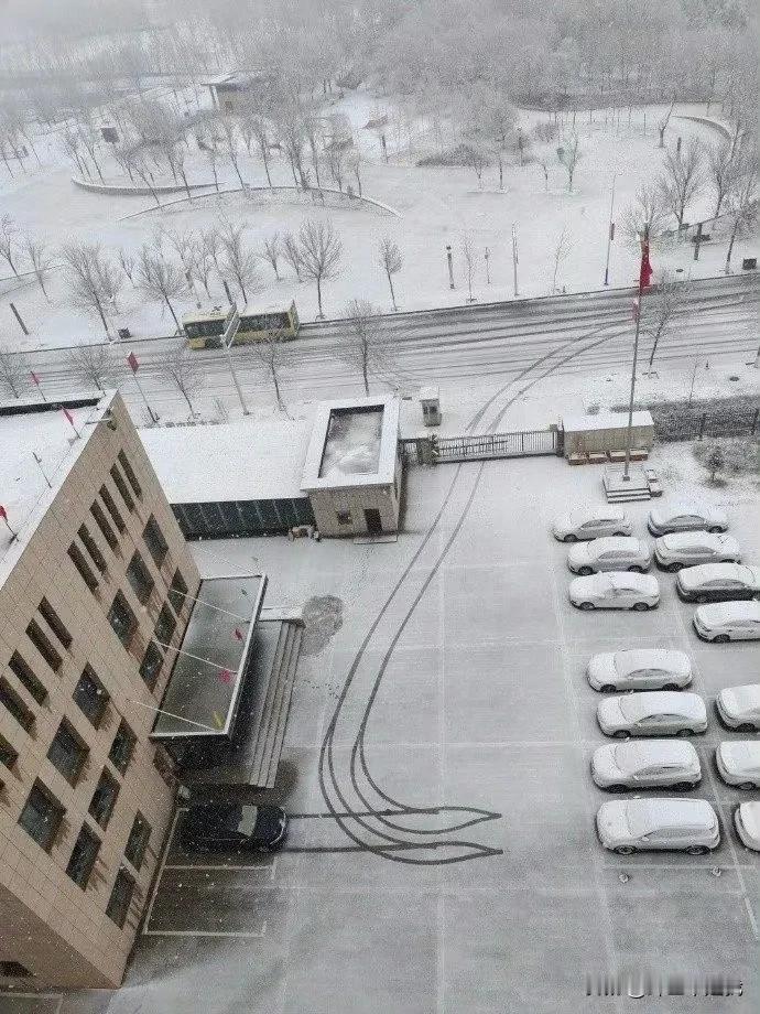 开车技术好不好，雪地停车痕迹全摆明了。

这位司机的技术怎么样？ ​