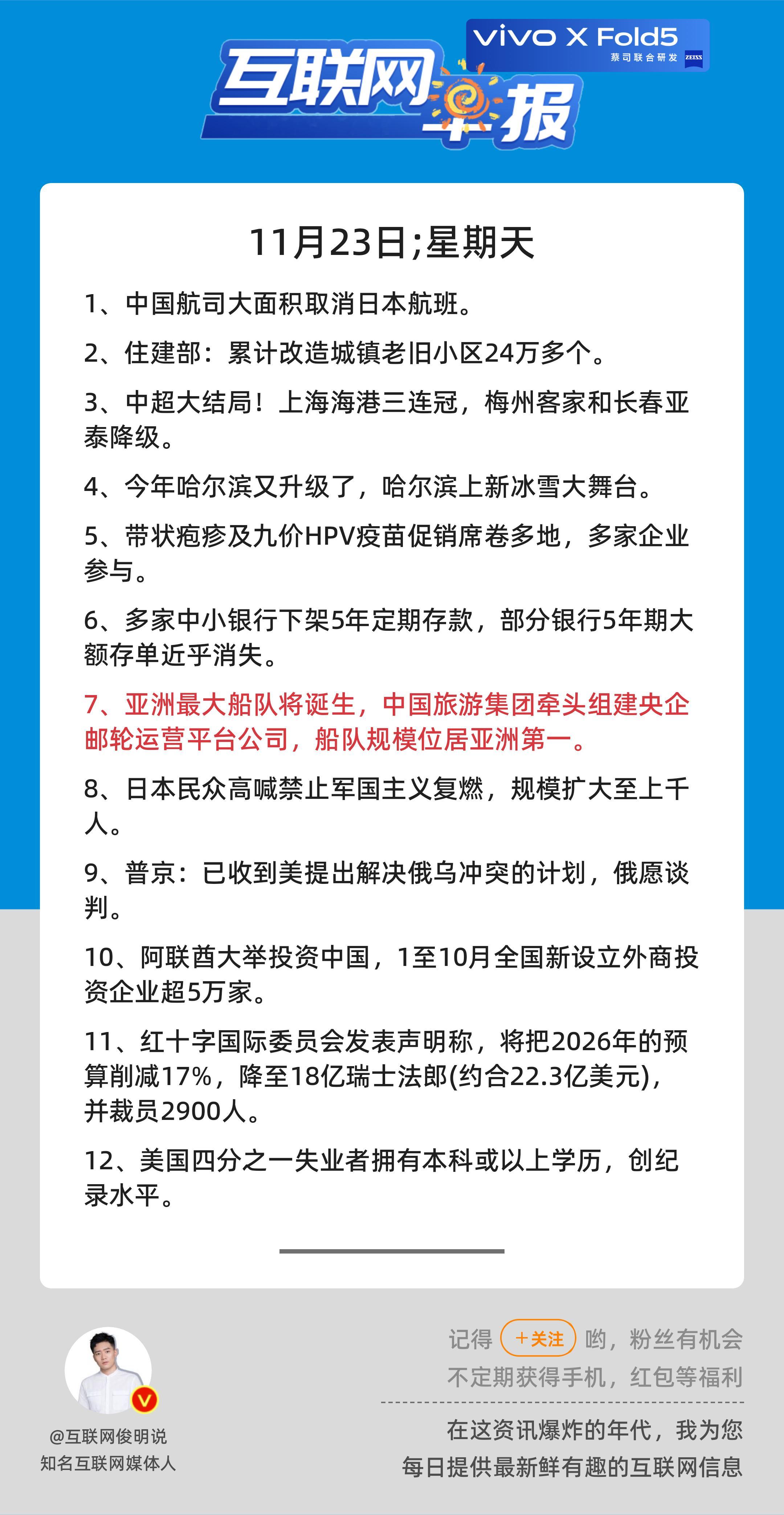 11月23日，星期天，《第2966期》；关心第7条：亚洲最大船队将诞生，中国旅游