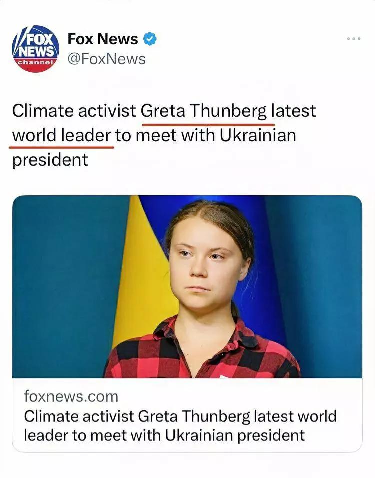 美国福克斯新闻称，格蕾塔·通贝里是最后一位与泽连斯基会面的世界领导人。