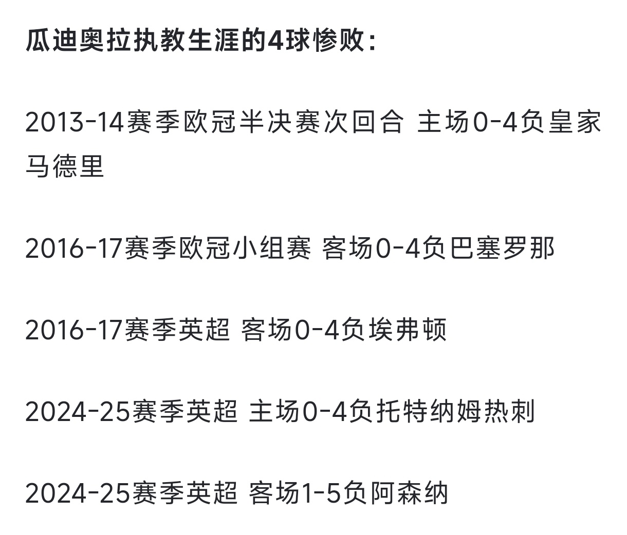 阿森纳5比1曼城  瓜迪奥拉的执教生涯单场最大净负数为4球，本场是瓜迪奥拉执教生