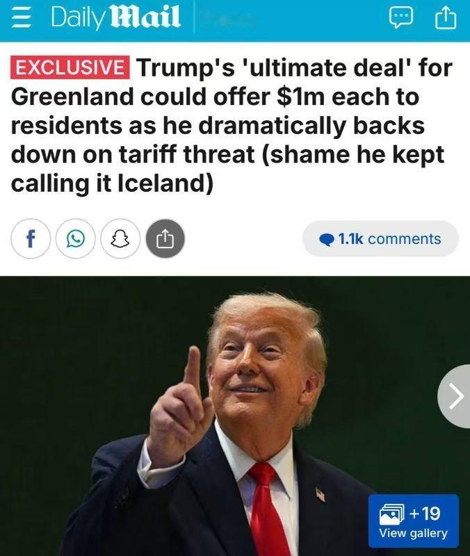 据 Daily Mail 报道，特朗普正在考虑格陵兰居民在全民公投中投票赞成加入