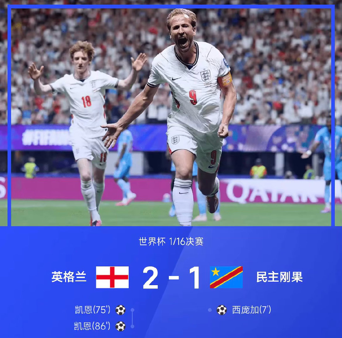 2026美加墨世界杯1/16决赛，英格兰2-1战胜民主刚果，凯恩第86分钟上演绝
