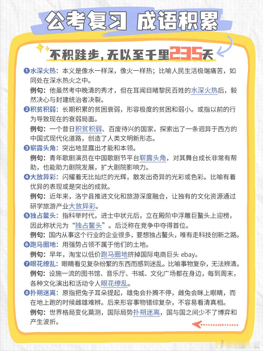 公考每日成语实词积累（第235天）水深火热 积贫积弱 崭露头角 大放异彩独占鳌头