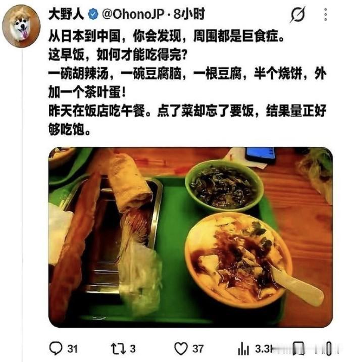 【日本饭量就这么小吗】
一碗胡辣汤，一碗豆腐脑，一根油条，半个烧饼，一个茶叶蛋。
