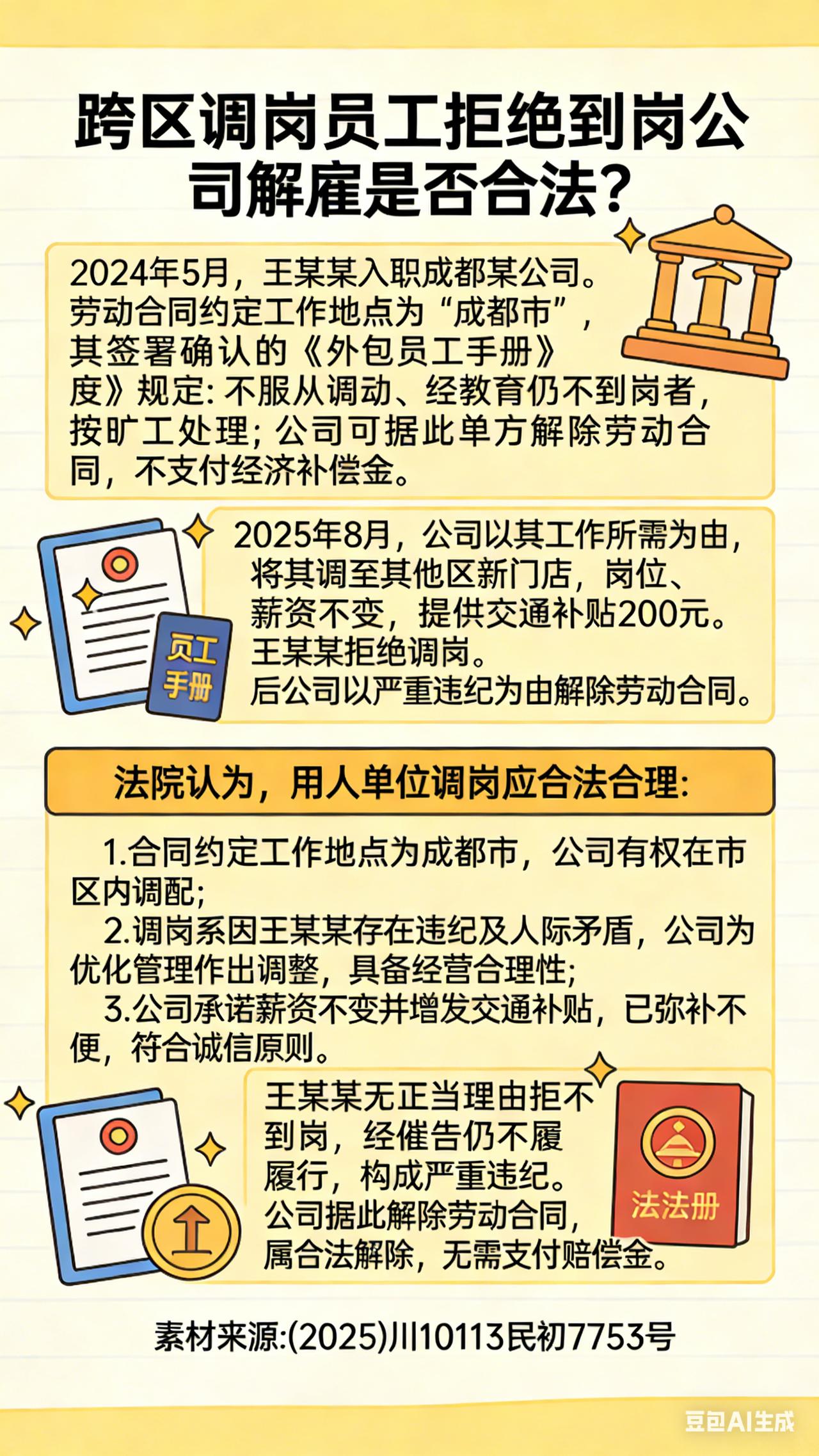 跨区调岗，员工拒绝到岗公司解雇是否合法?
2024年5月，王某某入职成都某公司。
