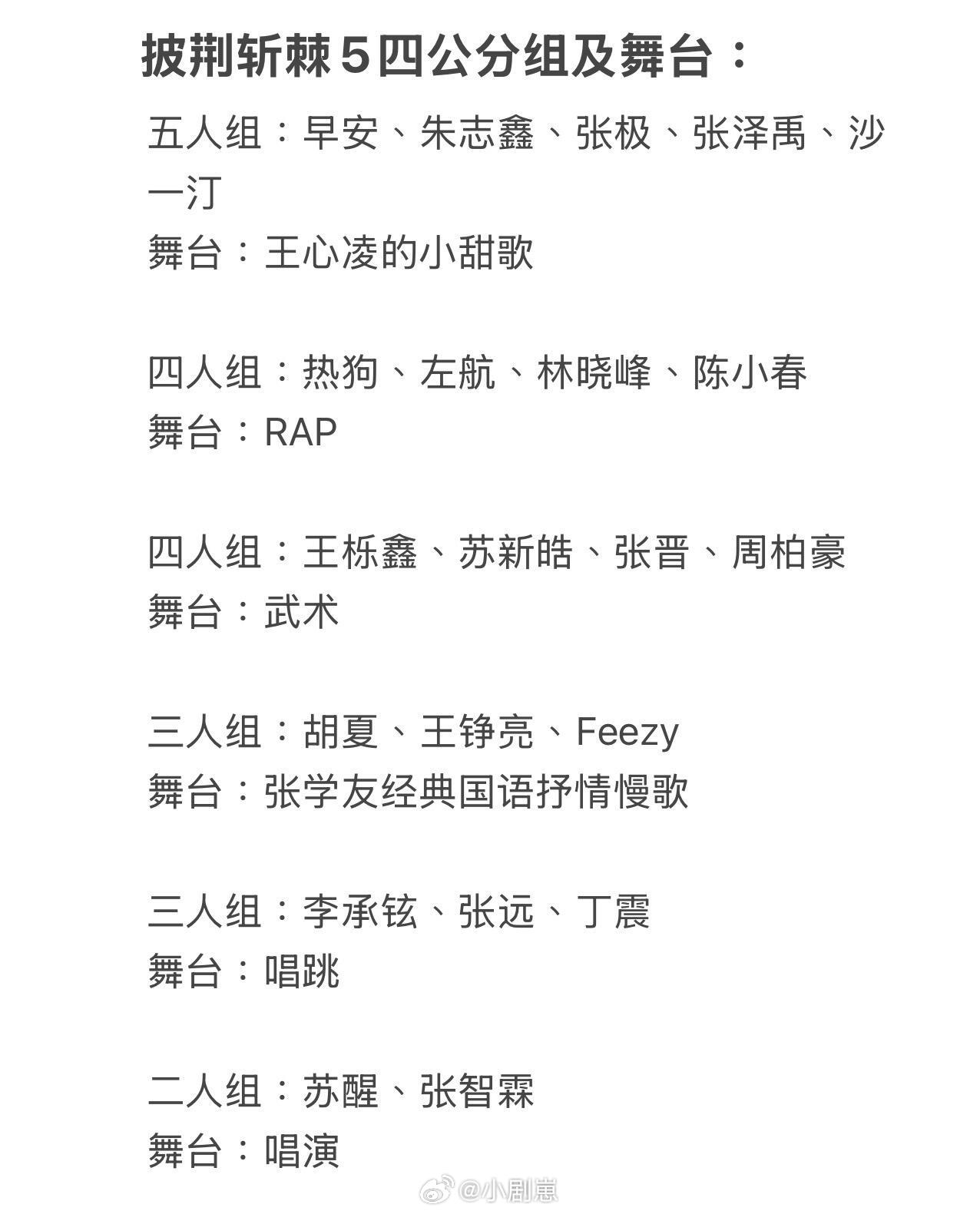披荆斩棘[超话]披荆斩棘5四公分组及舞台：五人组：早安、朱志鑫、张极、张泽禹、沙