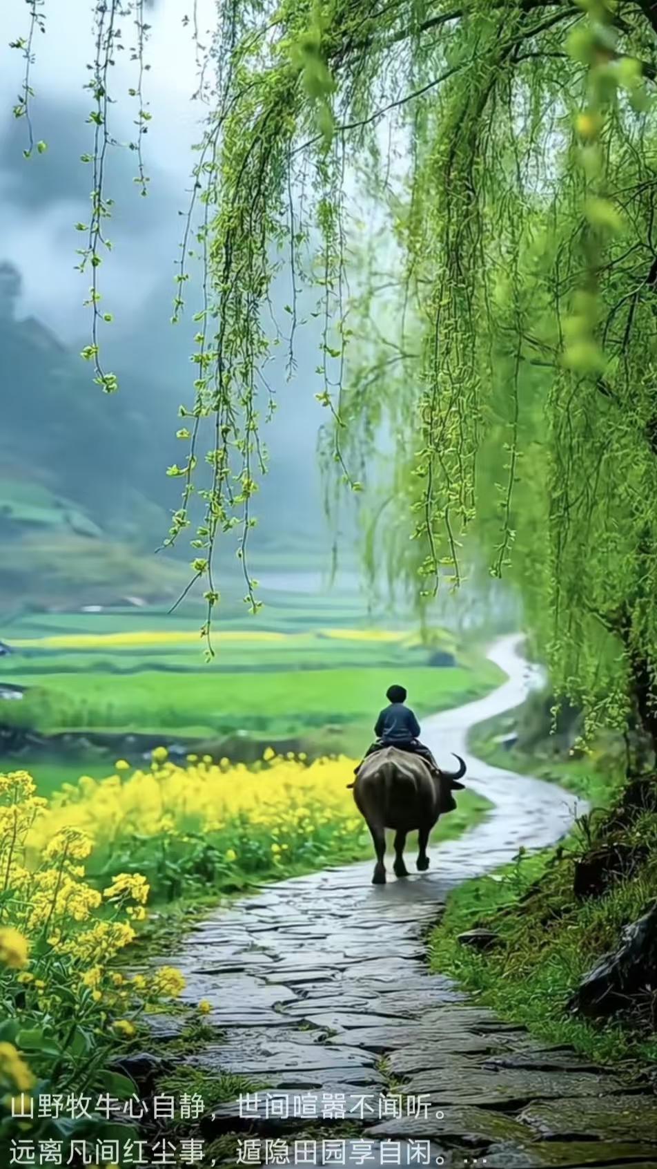 塞鸿秋·牧春
杨枝探得春头信，
柔条嫩蕊初相认。
牧童牵犊花溪径，
山乡菜圃沐朝