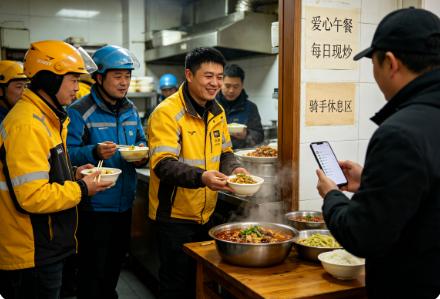 “这个老板太豪爽了！”浙江金华一家普通的街边餐馆，默默坚持为奔波的外卖小哥免费供