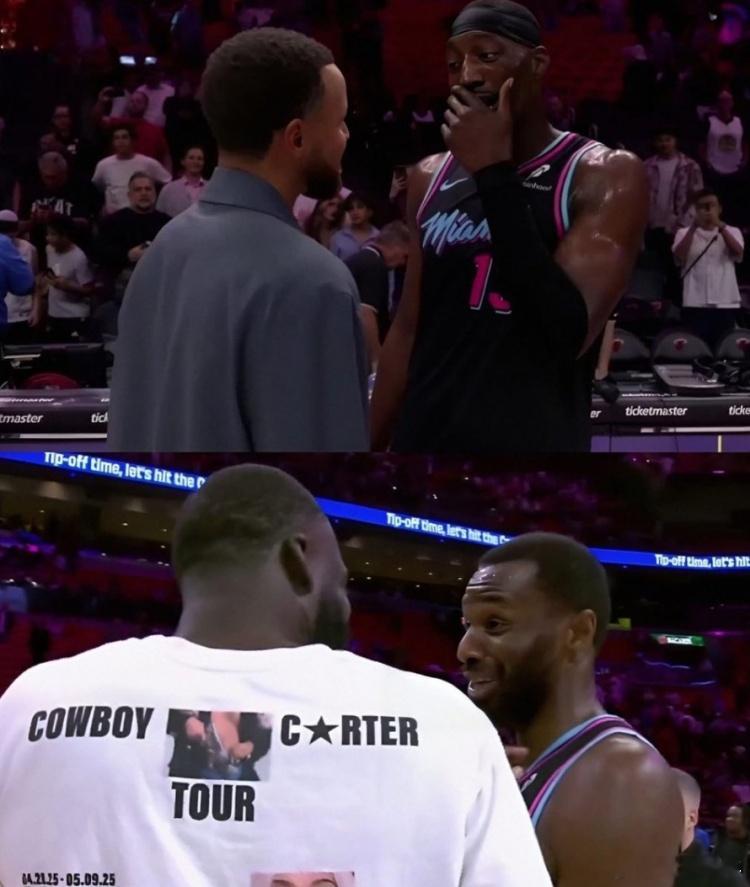 11月20日讯 NBA常规赛，勇士96-110不敌热火。赛后，追梦和维金斯寒暄，