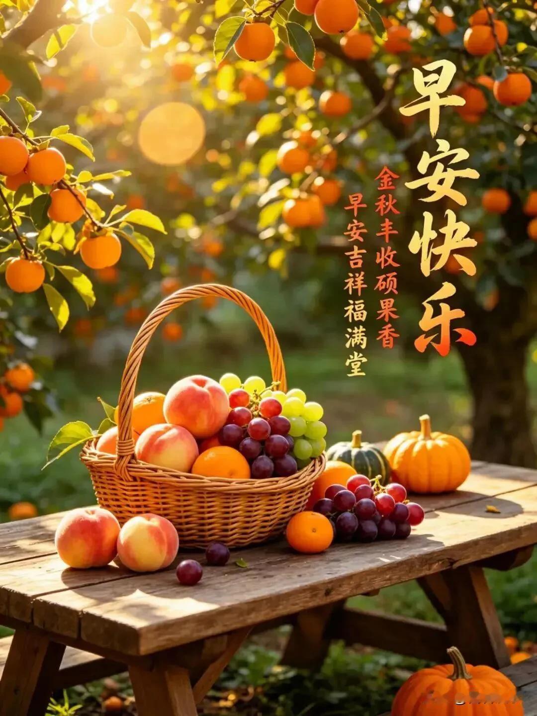 金秋硕果盈枝，晨光温暖如常，早安，愿丰收伴安康。