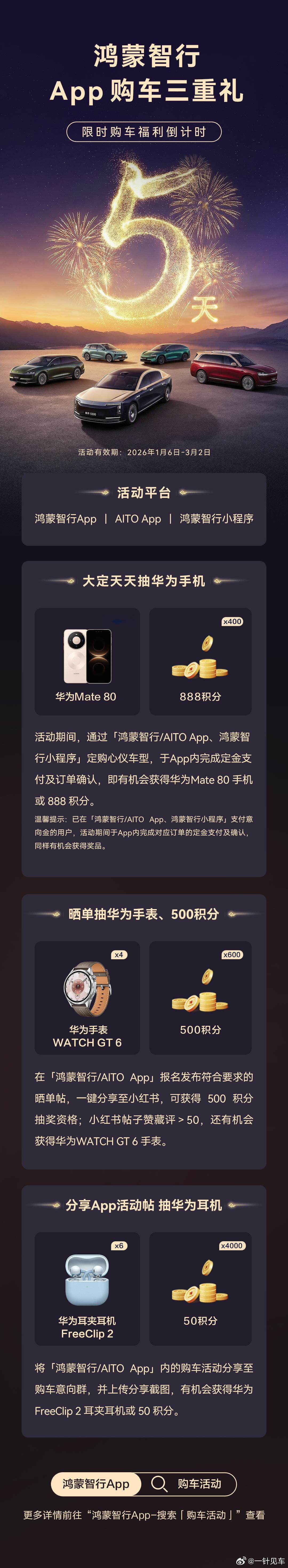 鸿蒙智行APP购车三重礼限时5天，分享APP活动还能抽耳机
