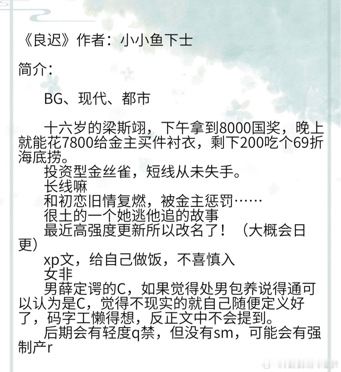 《良迟》作者：小小鱼下士 BG、现代、都市        十六岁的梁斯翊，下午拿