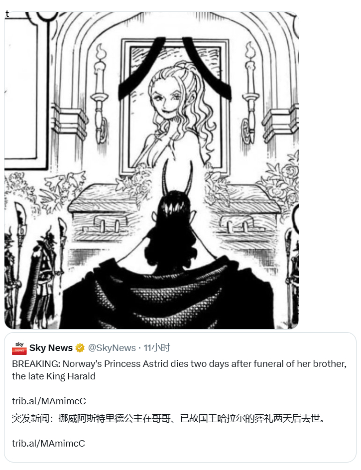 海贼王中的哈拉尔德王和埃斯特丽达王妃。现实挪威新闻中的挪威哈拉尔德国王和姐姐埃斯