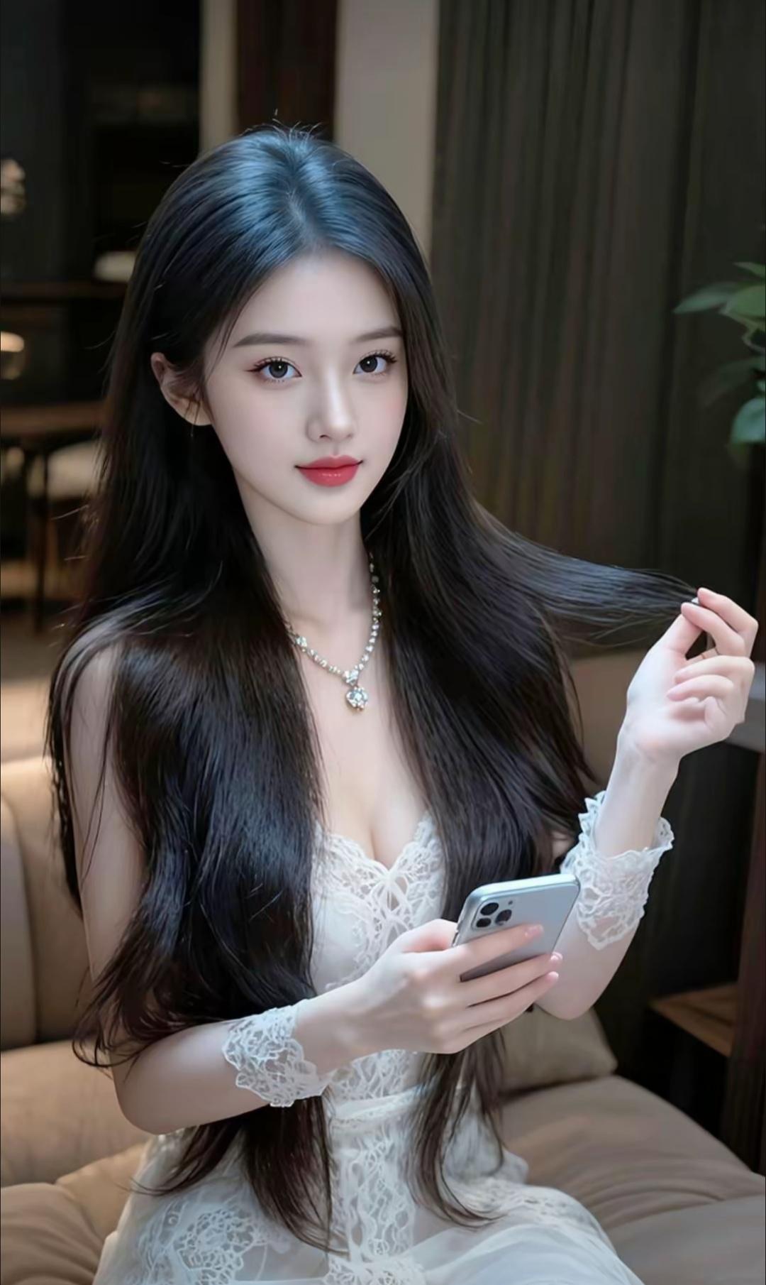 优雅少女，手机轻拍，蕾丝裙摆，甜美动人