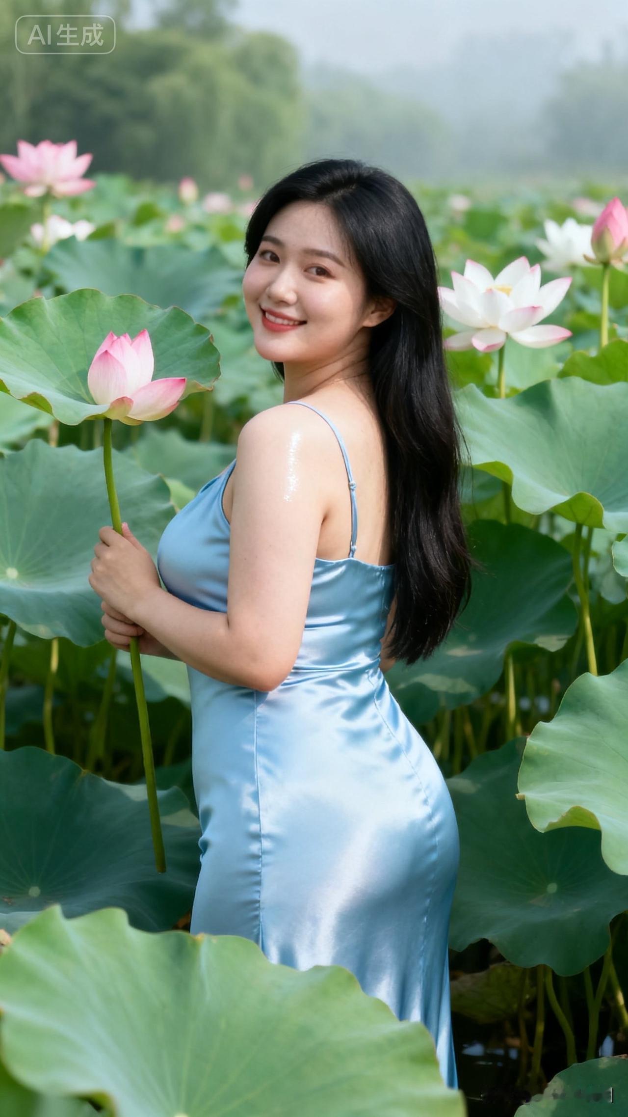 一位美女站在荷塘里，微笑着举着荷叶。