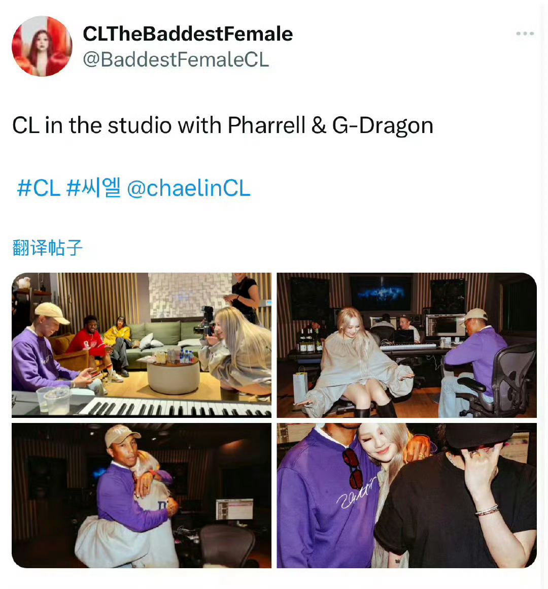 #权志龙CL录音室合照# CL是会放饭的～[干饭人]在ins更新了与GD、菲董在