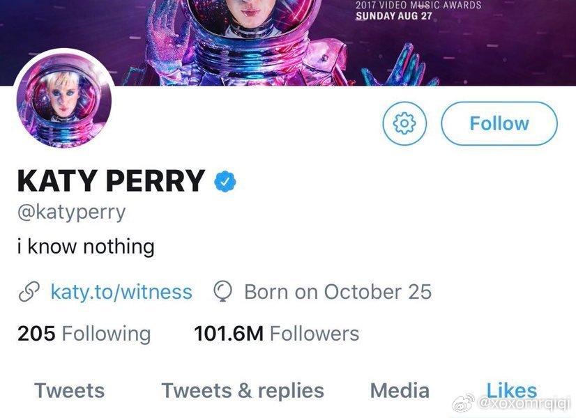 2017年，Katy Perry成为X史上首位粉丝破亿的名人。 