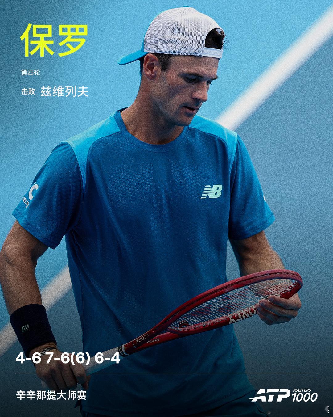 保罗逆转晋级ATP1000 辛辛那提大师赛男单第四轮，保罗苦战三盘，以4-6 7