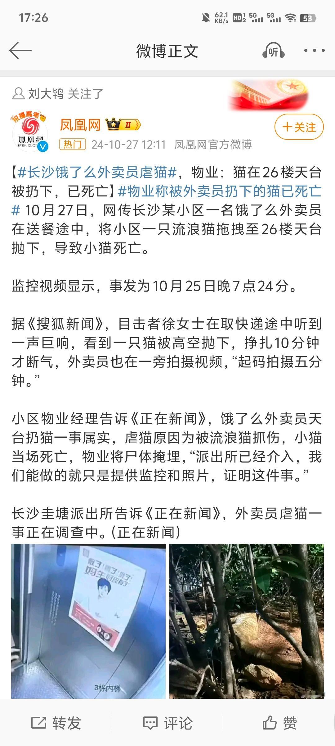 #长沙一外卖员抓猫从26楼扔下致死# 没这个必要吧，你要么就不管它，抓了到一楼放