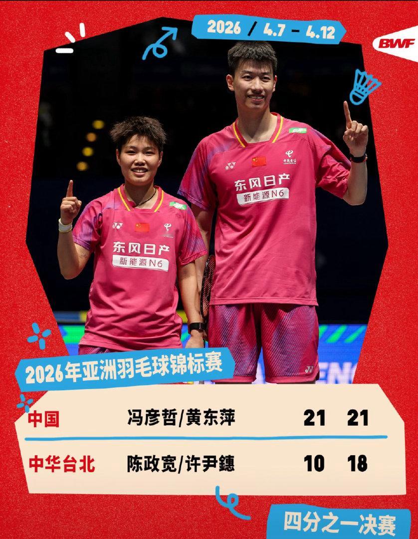 势不可挡！冯彦哲黄东萍凤凰组合顶住压力横扫对手，昂首挺进羽毛球亚锦赛混双四强凤凰