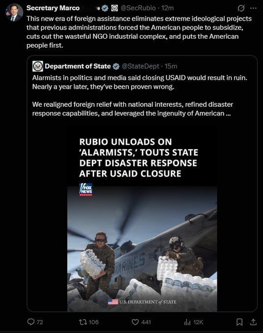 国务卿卢比奥： “新的对外援助时代摒弃了以往政府强迫美国人民资助的极端意识形态项