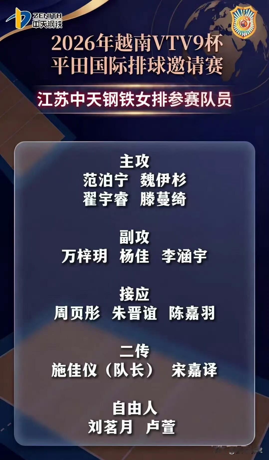 越南vtv9杯邀请赛江苏女排参加，明晚21点江苏队首战，现在公布了施佳仪任队长。
