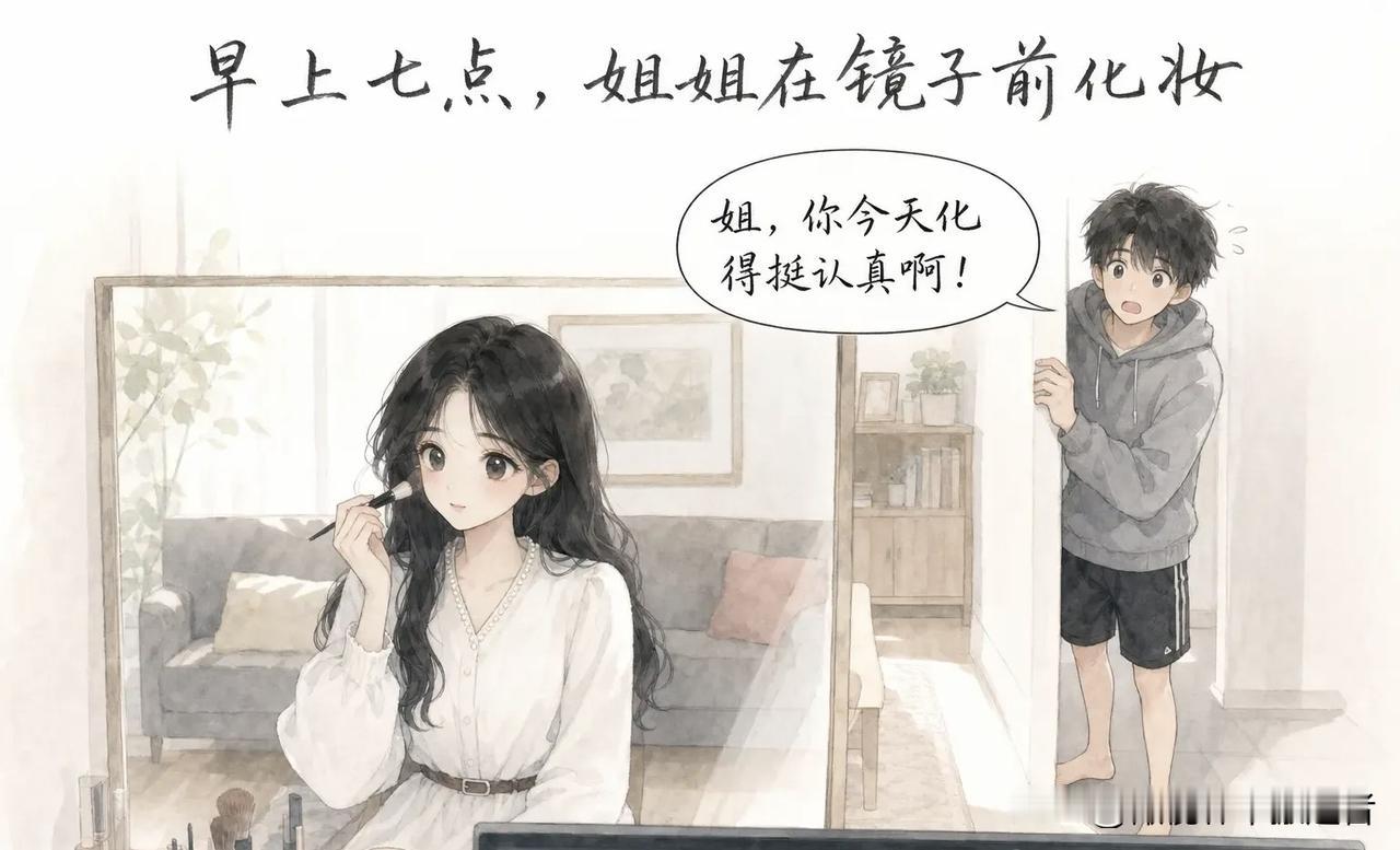 趣味漫画：早上七点，姐姐在镜子前化妆。弟弟凑过来：“姐，你今天化得挺认真啊。”姐