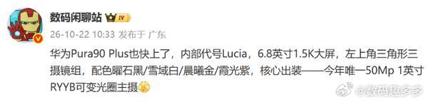 有博主曝光了华为Pura 90 Plus的部分配置信息。消息称，该机内部代号为L