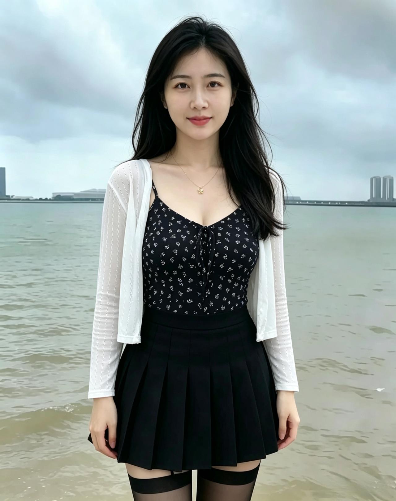 素袂轻开衬碎花，娉婷独立对平沙。
眉弯恰似天边月，一缕柔情映海霞。