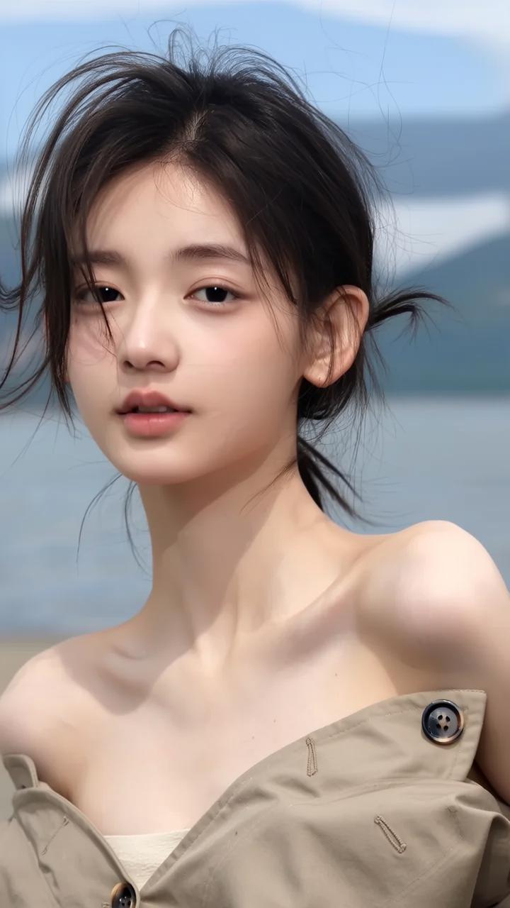 海边少女，微风拂面，自然清新