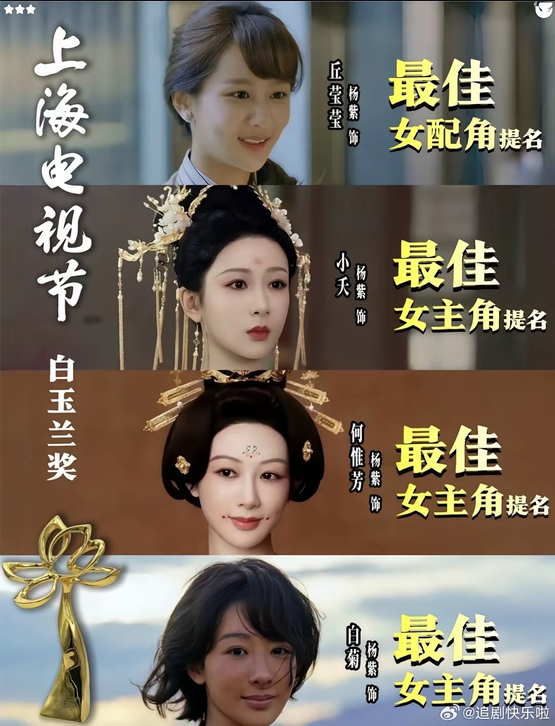 为啥杨紫得奖会哭成那样，谁能想到这竟然是杨紫第一次拿白玉兰奖其实白玉兰奖4次提名