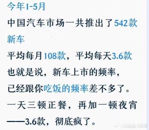 同事转给我一张统计，今年1-5月一共推出542款新车，平均每天3.6款。彻底疯了