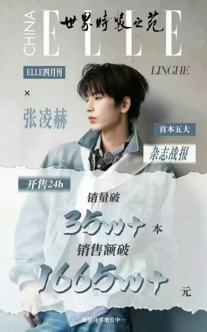 张凌赫elle24h战报，销量突破35w本，销售额1665w+，内娱艺人杂志榜前