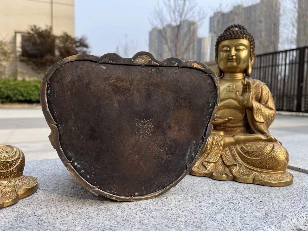 純銅鎏金三寶佛坐像一套 包漿醇厚到位 高